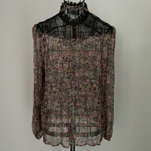 KOOPLES *gorgeous* Sheer Floral Blouse Silk Chiffon Lace Trim - Picture 14 of 14